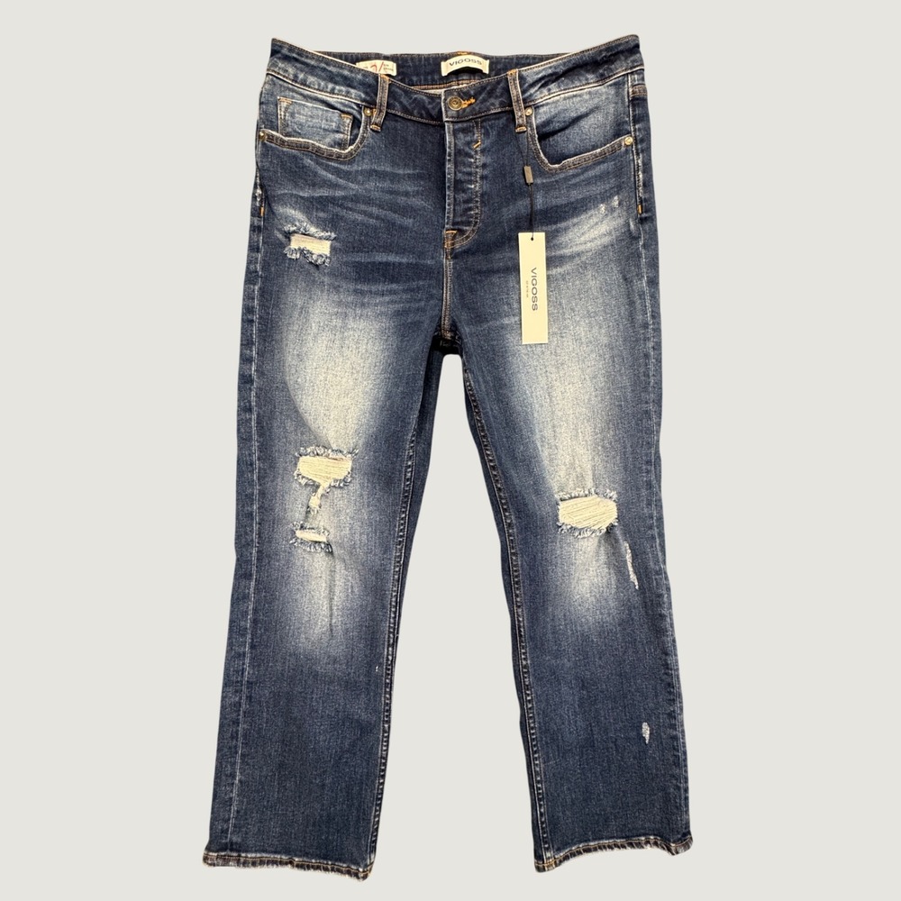 NEW Vigoss Frankie Slim Straight Jeans Blue Women 32 Distressed Button Fly